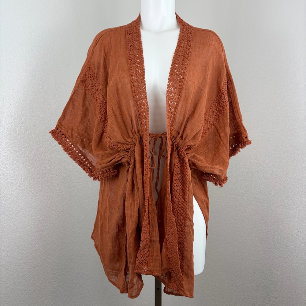 BCBGMaxazria Rust Orange Cotton Crochet Trim Caftan Coverup